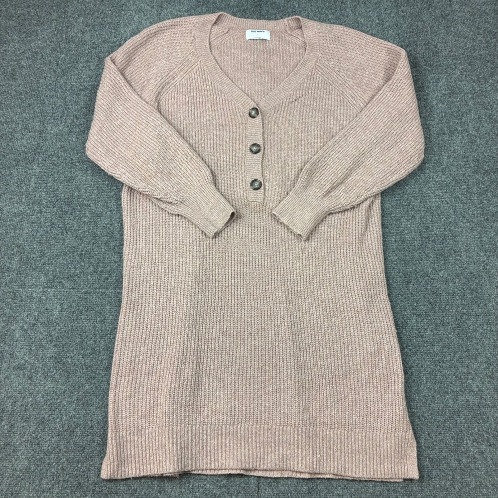 Old Navy Womens Size Large Pink Ribbed V-Neck Henley Longline Tunic Sweater